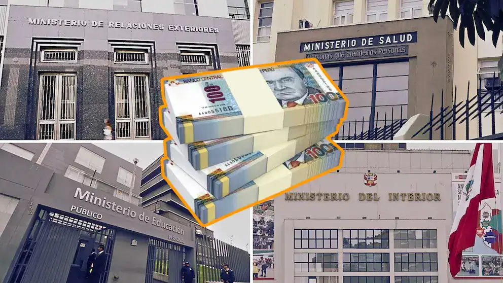 Billetera con billetes de 100 soles en primer plano, frente a edificios gubernamentales en Perú, incluyendo Ministerio de Relaciones Exteriores, Ministerio de Salud, Ministerio de Educación y Ministerio del Interior.