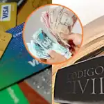 Tarjetas de crédito y dinero en efectivo junto a un libro abierto y un libro del Código Civil, relacionados con temas de finanzas y legislación en Loreto Noticias.