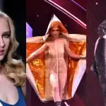 Chica en concurso de belleza con vestido de papel y accesorios innovadores mostrando moda única y creatividad artística en eventos de Perú.