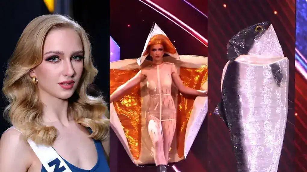 Chica en concurso de belleza con vestido de papel y accesorios innovadores mostrando moda única y creatividad artística en eventos de Perú.