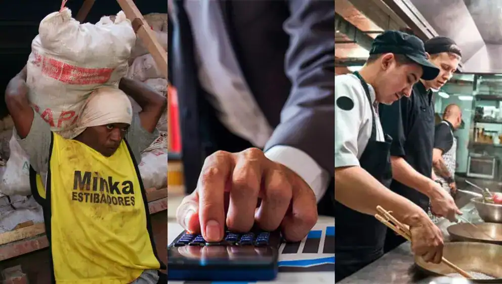 Persona cargando saco de arroz y personal en restaurante trabajando.